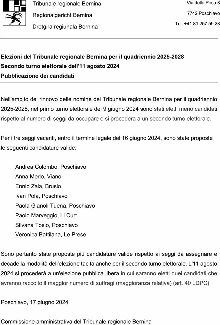 pubblicazioni candidati 2 turno elettorale su FU Grigioni Bernina a8637