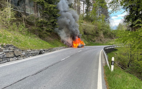 Auto prende fuoco, principio d'incendio nel bosco